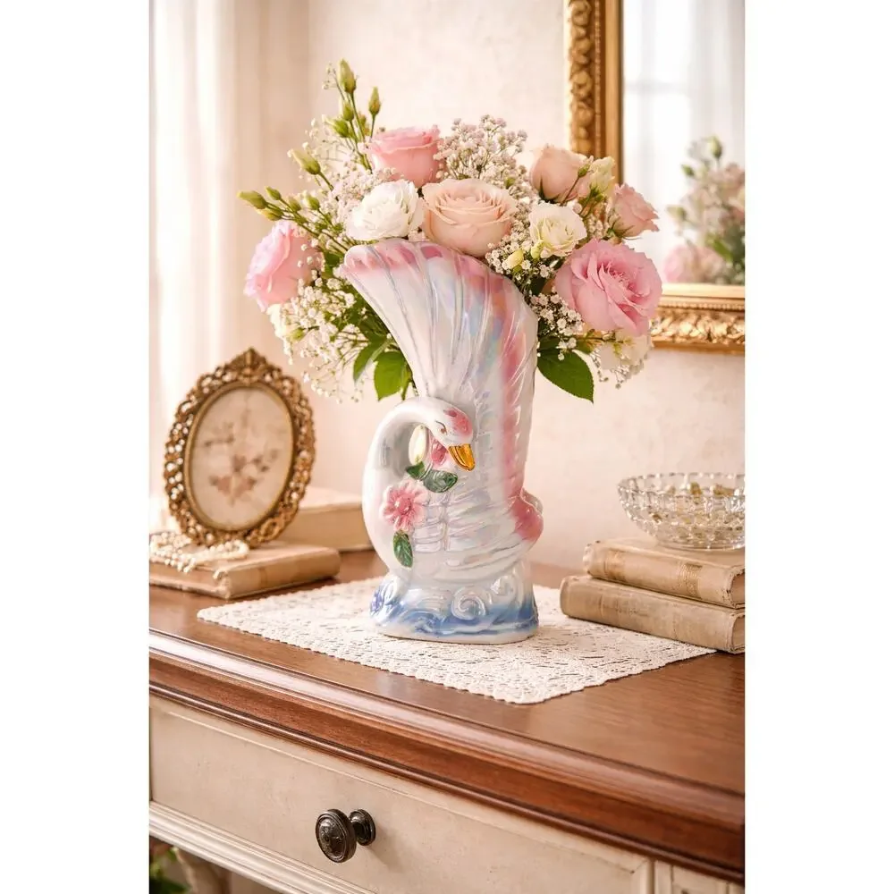 Vintage Iridescent Ceramic Swan Vase – Pink & Blue Floral Mid-Century Planter - Picture 2 of 8